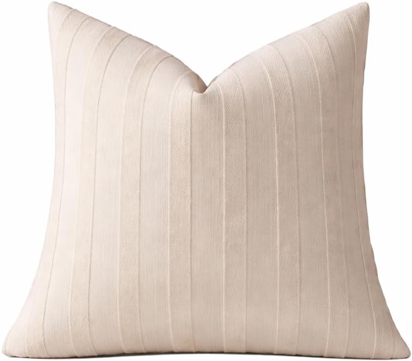 Fennco Styles Light Beige Textured Striped Throw Pillow Cover 18" X 18" - Modern Accent Pillow Case for Couch, Home and Neutral Farmhouse Décor, 2-Pack