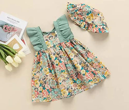 stylesilove Baby Toddler Girls Multi Floral Printed Sleeveless Ruffle Cotton Dress & Hat 2pcs Spring Summer Green Sundress