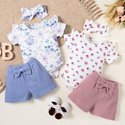 stylesilove Infant Baby Girls Floral Print Short Sleeve Bodysuit & Shorts & Headband 3pcs Set Spring Summer Romper Outfit