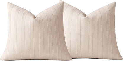 Fennco Styles Light Beige Textured Striped Throw Pillow Cover 18" X 18" - Modern Accent Pillow Case for Couch, Home and Neutral Farmhouse Décor, 2-Pack
