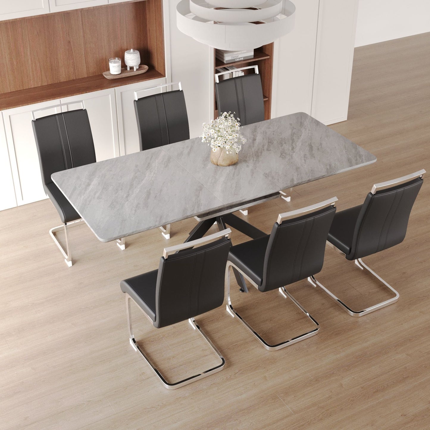 Modern Extendable Dining Table Set For 6 - 8 - Black / Gray