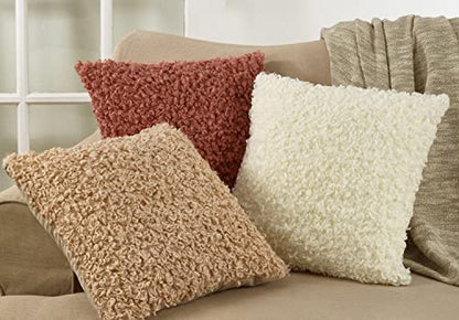 Fennco Styles Cozy Faux Lamb Fur Decorative Throw Pillow 18" W x 18" L – Ivory Cushion for Couch, Bedroom, Living Room and Office Décor