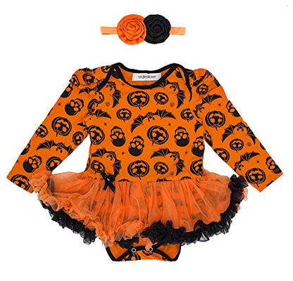 stylesilove Infant Baby Girls Pumpkin Long Sleeve Cotton Romper Tutu Dress and Headband 2pcs Fall Spooky Outfit
