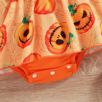 stylesilove Infant Baby Girl Orange Pumpkin Long Sleeve Lace Romper Dress & Bow Headband 2pcs Halloween Clothing Set