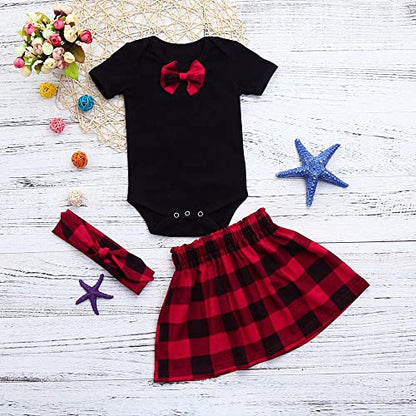 stylesilove Baby Girls Bowknot Short Sleeve Black Cotton Bodysuit, Plaid Skirt with Headband 3pcs Holiday Outfit