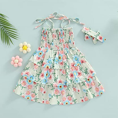 stylesilove Baby Toddler Girls Floral Print Smocked Tiered Sleeveless Dress & Headband 2pcs Summer Ruffle Sundress Outfit