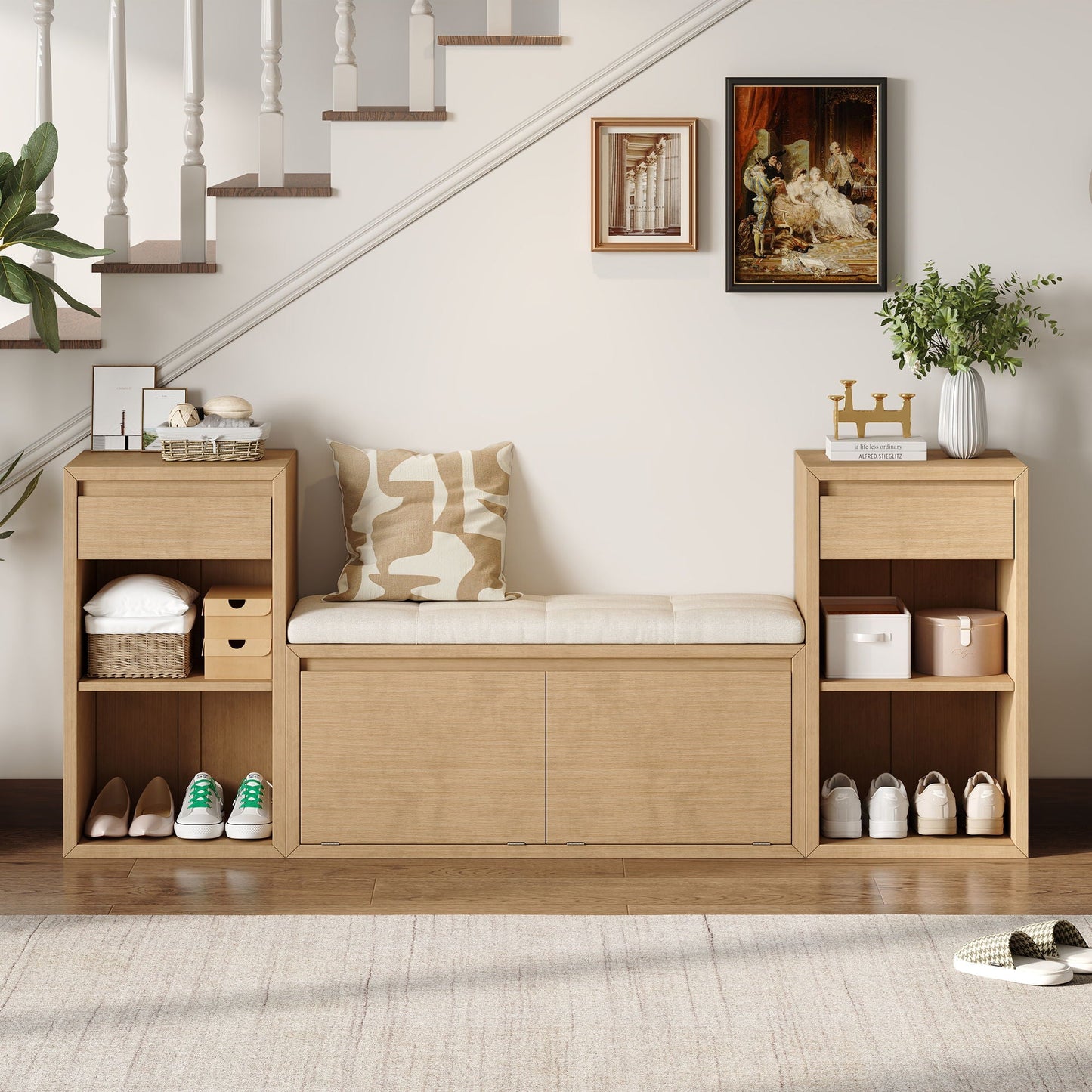 Entryway Storage Bench With Cushion, Drawers & Open Shelves