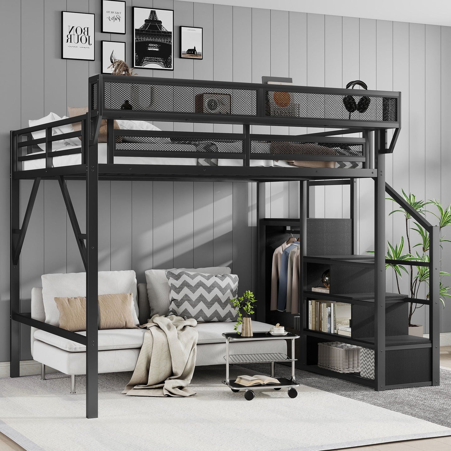 Queen Size Loft Bed With Stairs, Storage Shelves, Wardrobe - Black