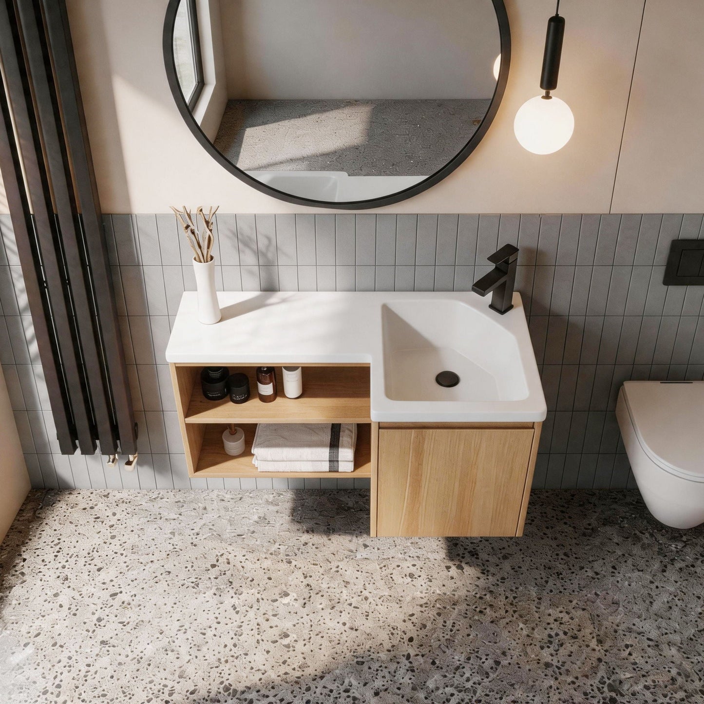 L-Shaped Wall Mounte Floating Bathroom Vanity With Integrated Sink
