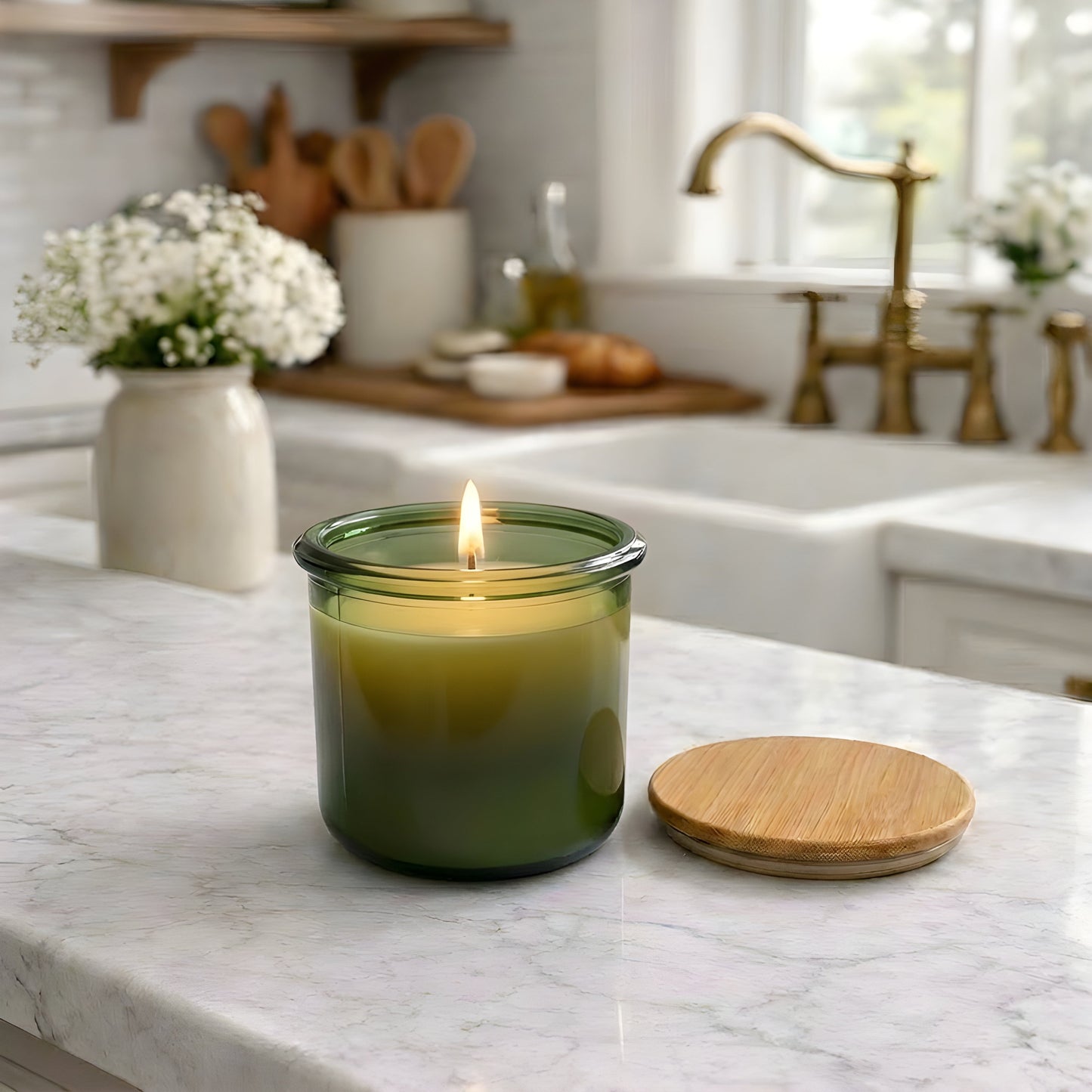 Beeswax Candle Poured in USA in 10 oz Moss Colored Recycled Spanish Glass Jar with Bamboo Lid