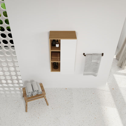 Wall Mounted Bathroom Side Cabinet, Single Door With 3 Tier Open Shelves - Black / Light Oak / White