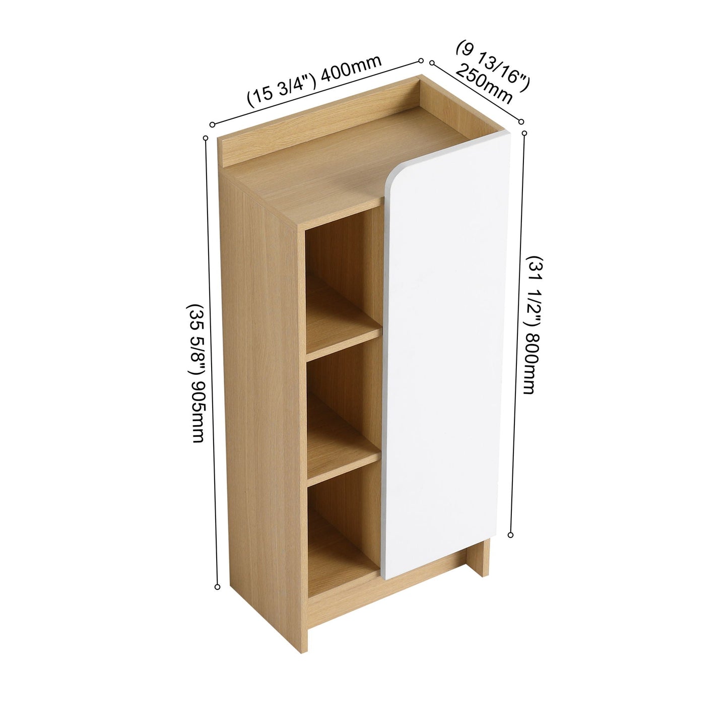 Freestanding Bathroom Side Cabinet, Narrow Storage Cabinet With Single Door & 3 Tier Open Shelves - Black / Light Oak / White
