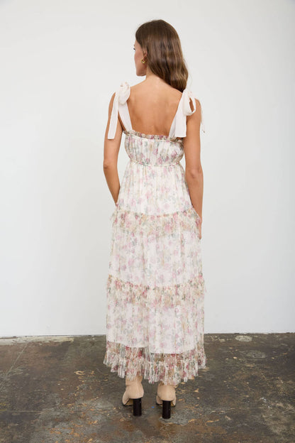 FLORAL CHIFFON TIE STRAP RUFFLED TIERED MIDI DRESS: OATMEAL MULTI