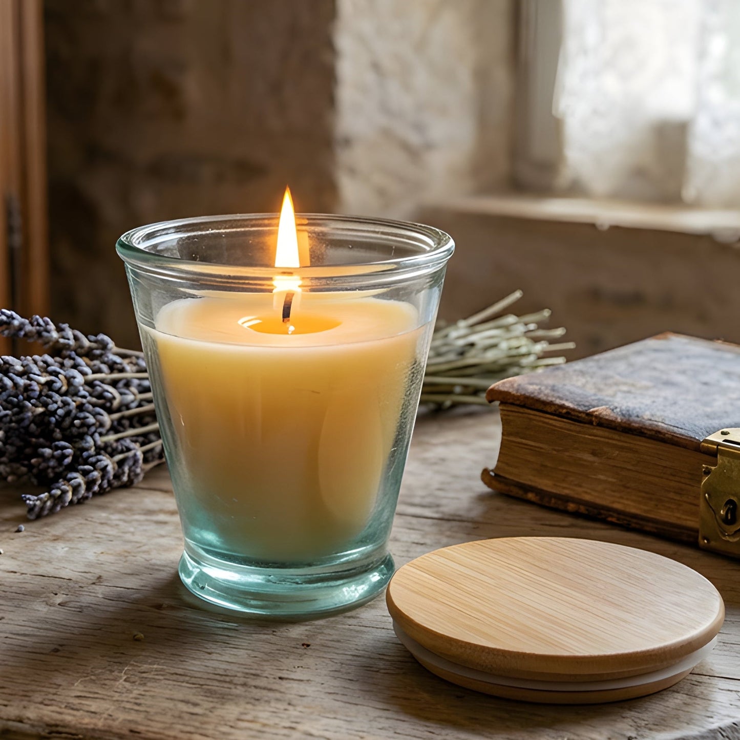 Beeswax Candle Hand Poured in the USA in an 8 oz Spanish Recycled Glass Verra Jar