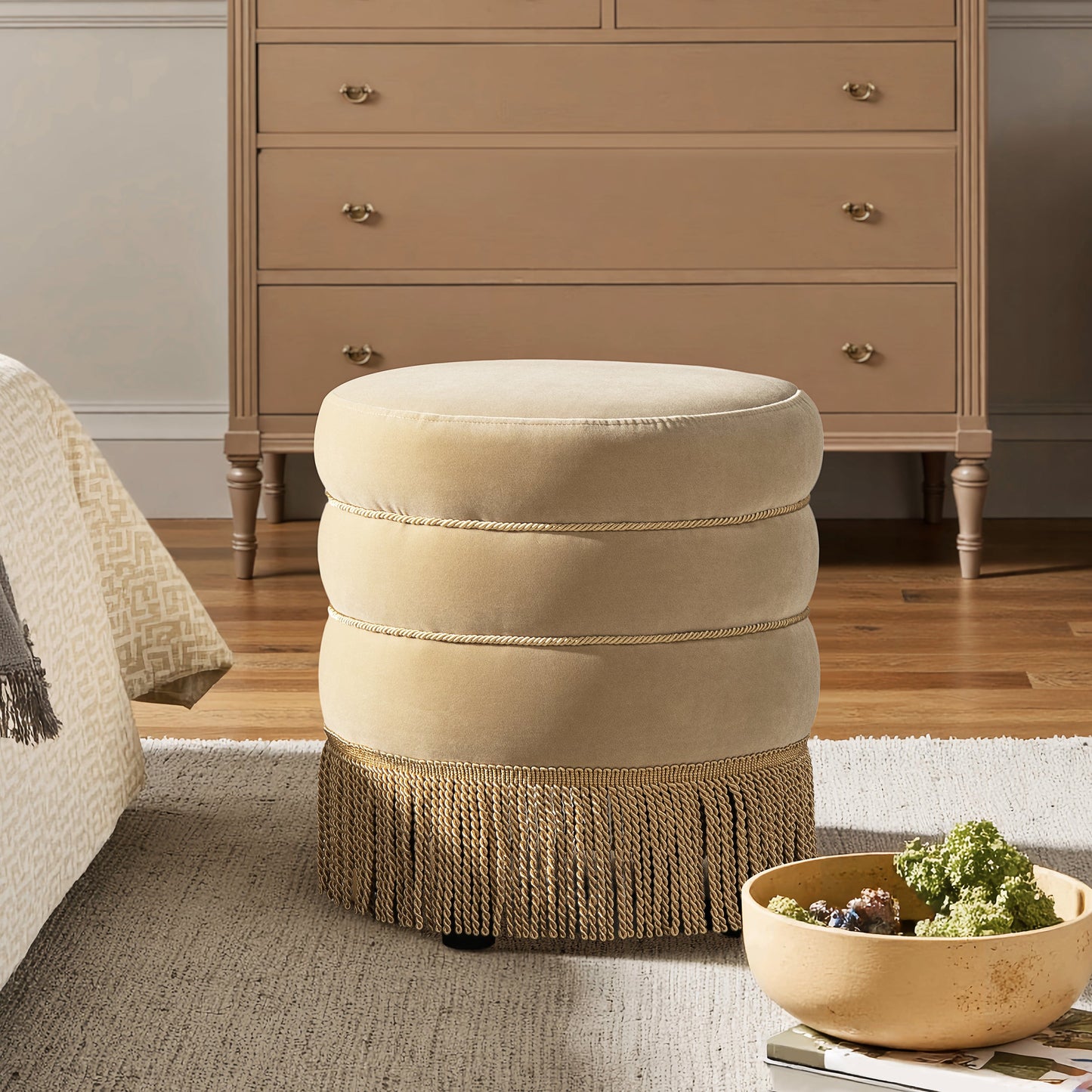 Edward 17.5" Round Upholstered Ottoman with Bullion Fringe Fawn