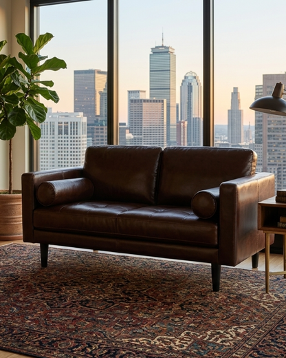 Philippe Top Grain Leather Love Seat - Chocolate Brown