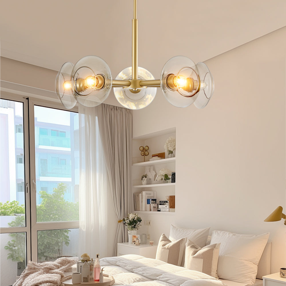 Gold Sputnik Chandelier | Mid-Century Modern Pendant Light with Clear Glass Shades for Dining Room, Living Room & Kitchen