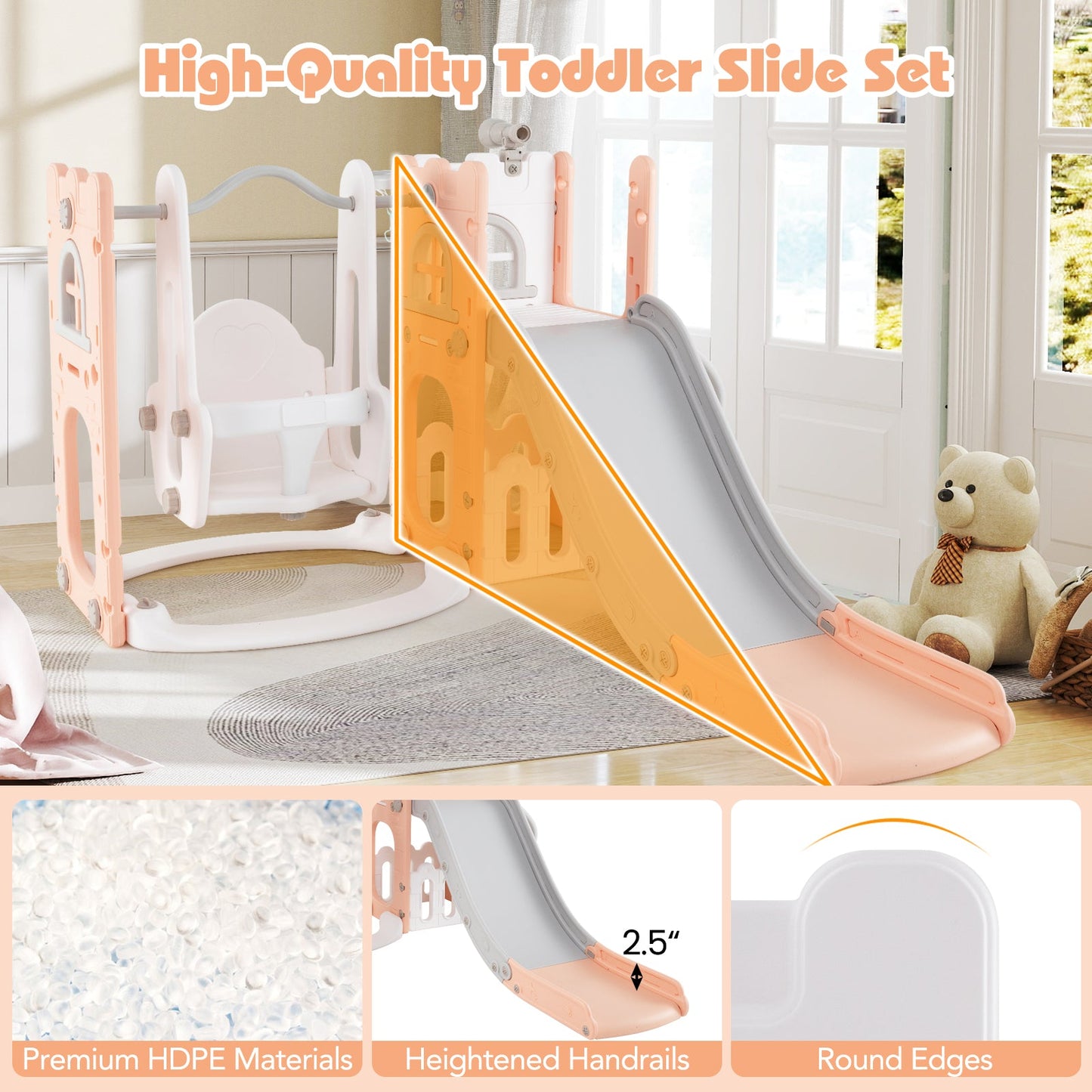 7-in-1 Toddler Swing and Slide Set L-shaped with Ladder and Basketball Hoop
