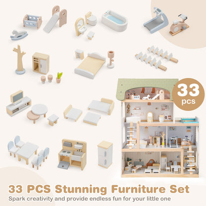 Wooden Dollhouse Kids DIY Pretend Playhouse with 33 PCS Furniture Accessories-Green