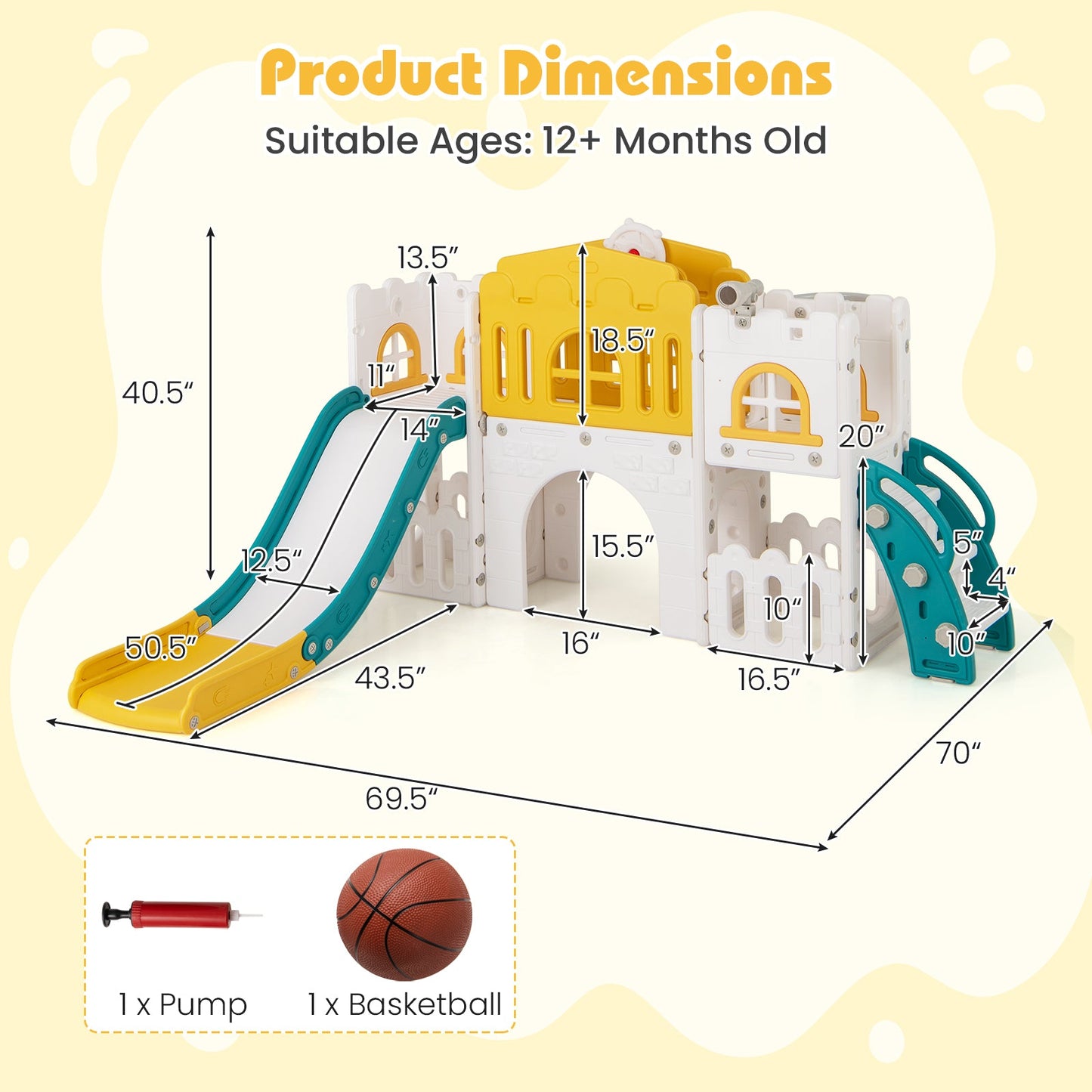 All-in-1 Toddler Slide Playset Playground with Tunnel and Ladder and Basketball