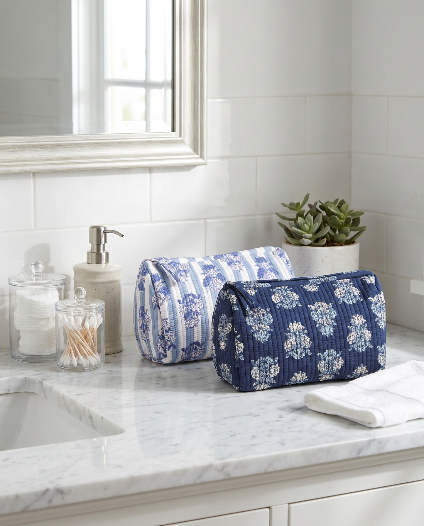 Blue Cornflower Block Print Quilted Cosmetic Zip Pouch