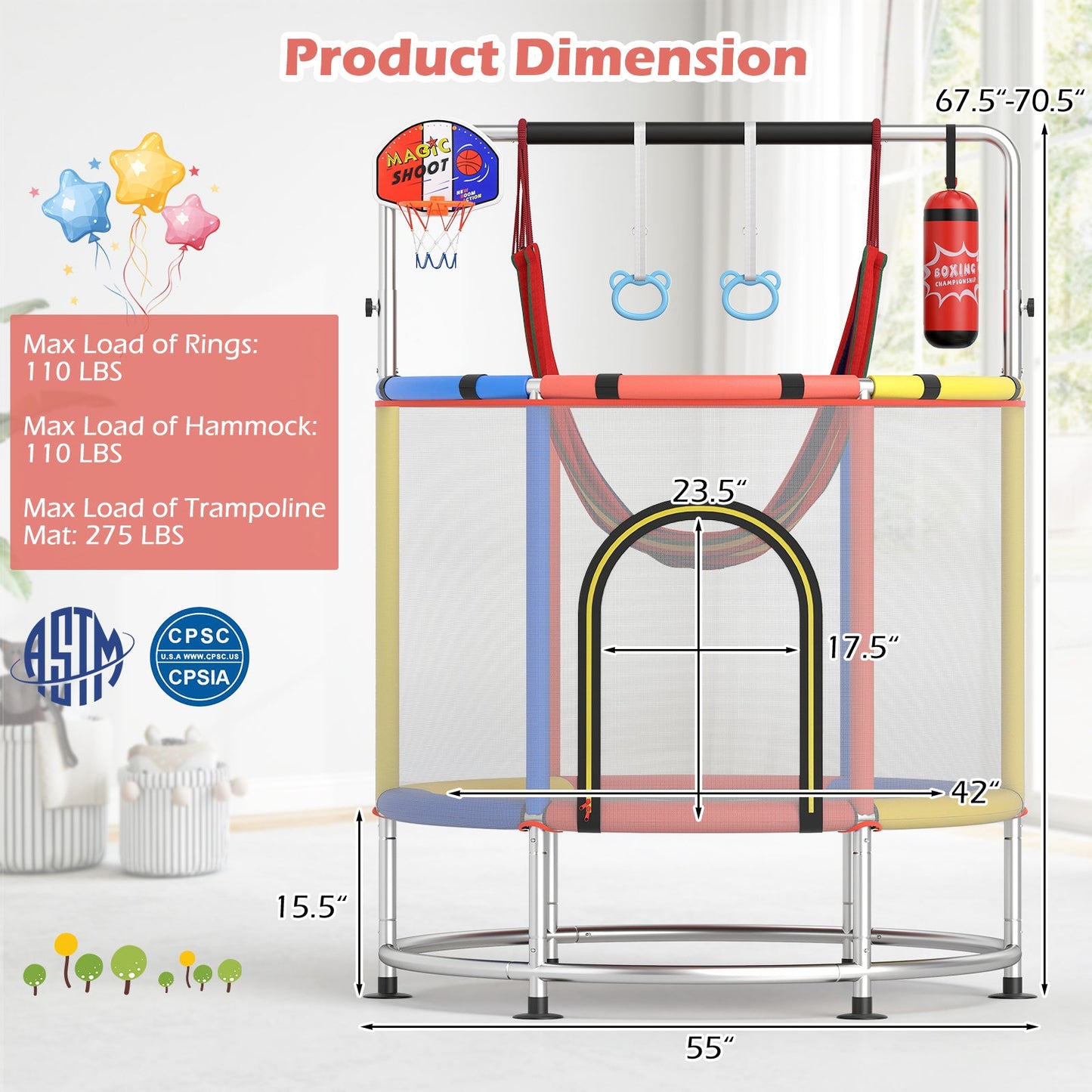 55" Kids Trampoline Gift for for 3-6 Years Old Boys and Girls