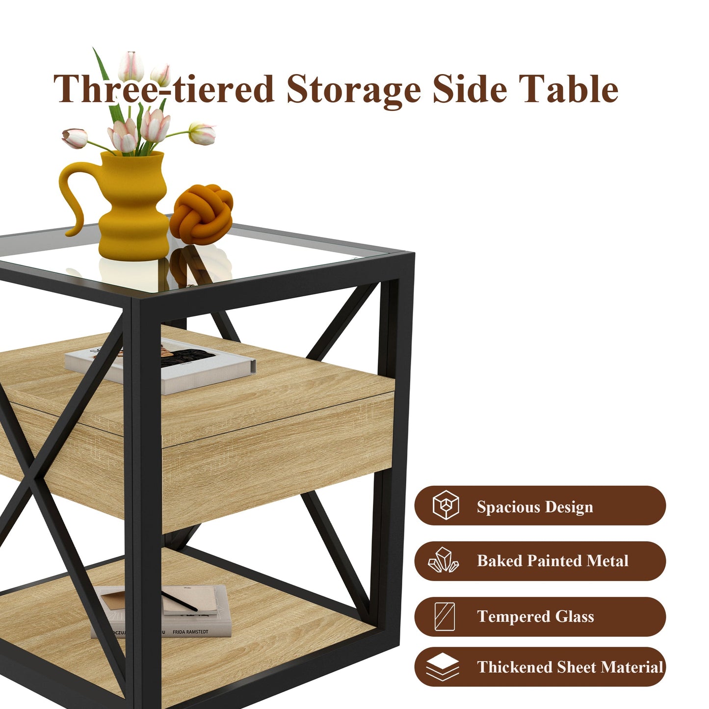 Modern End Table with Drawer - Nightstand for Bedroom & Living Room
