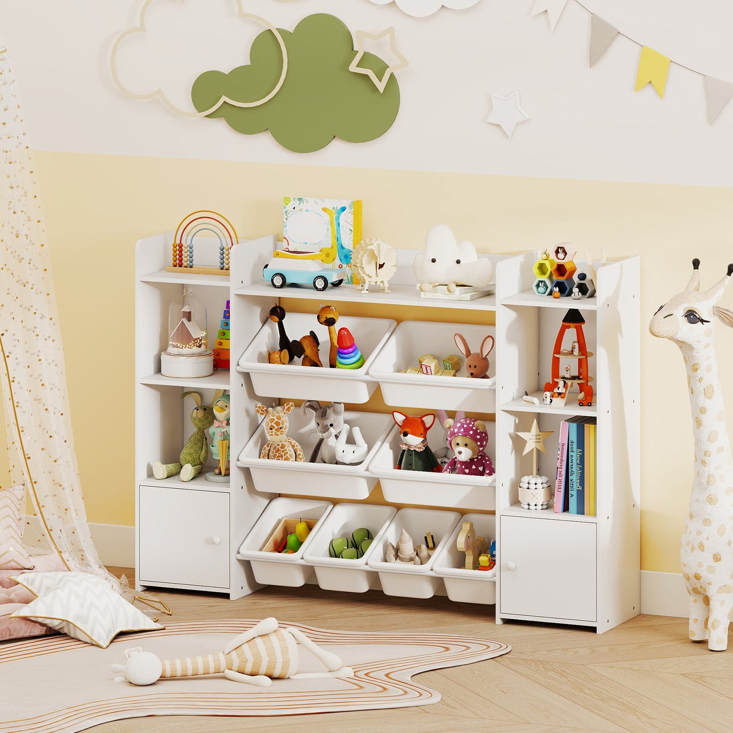 56 inch Large Toy Storage Organizer with 8 Removable Bins and Bookshelf