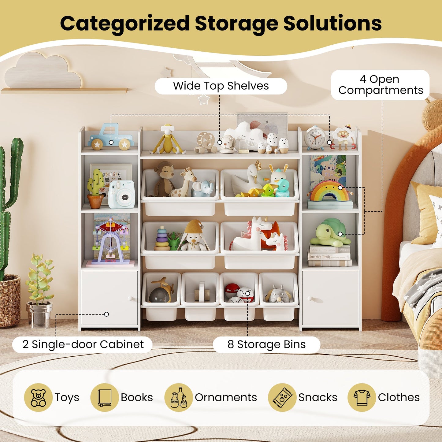 56 inch Large Toy Storage Organizer with 8 Removable Bins and Bookshelf