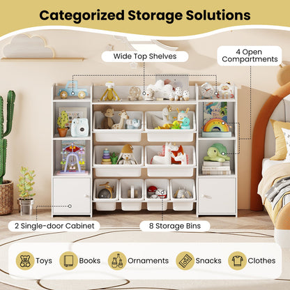 56 inch Large Toy Storage Organizer with 8 Removable Bins and Bookshelf