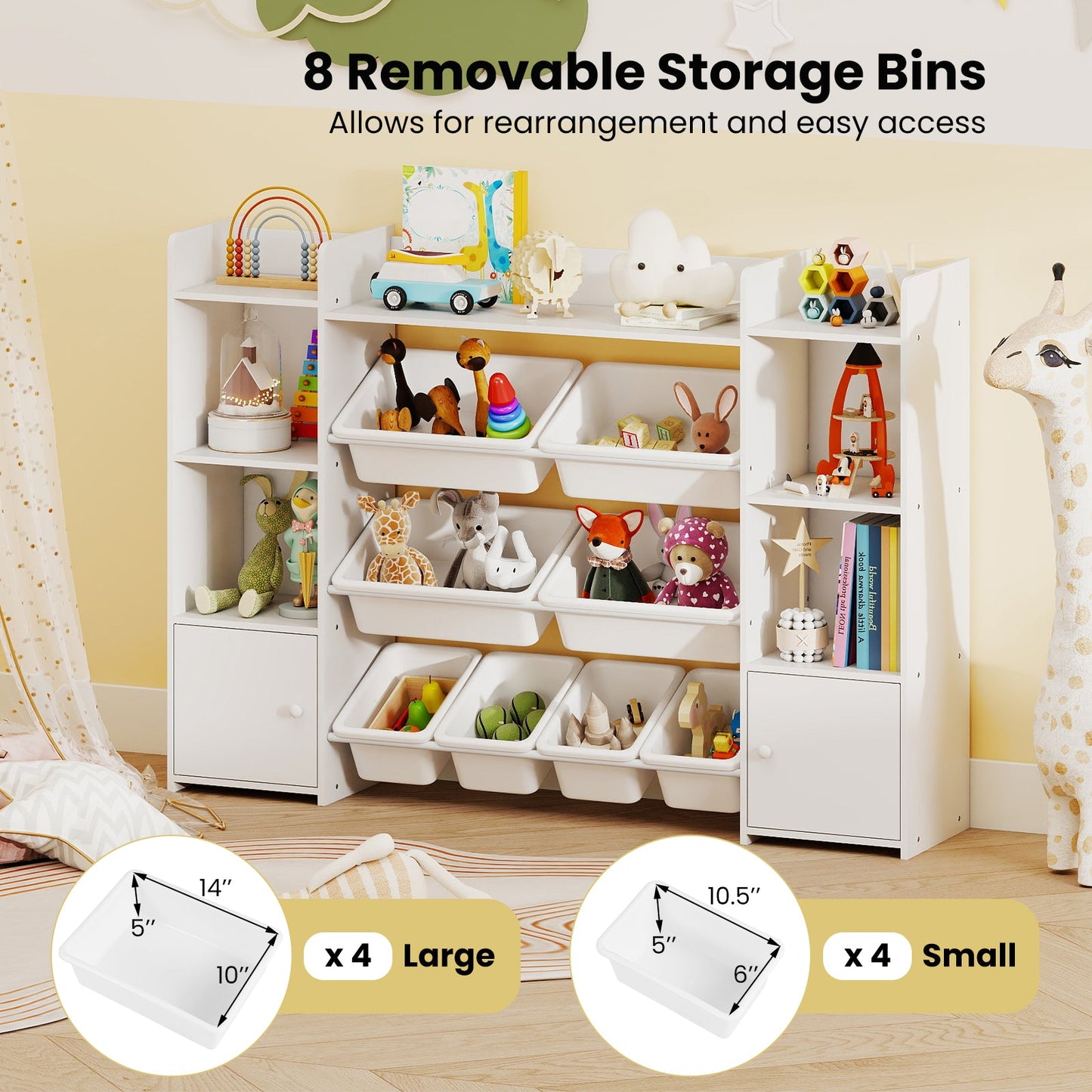 56 inch Large Toy Storage Organizer with 8 Removable Bins and Bookshelf