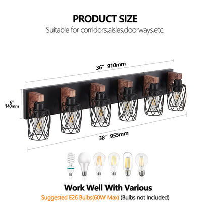 Industrial Black Cage Wall Sconce with Wood Accents | 3/4/5/6/7-Light Vintage Fixture for Bathroom, Hallway & Living Room