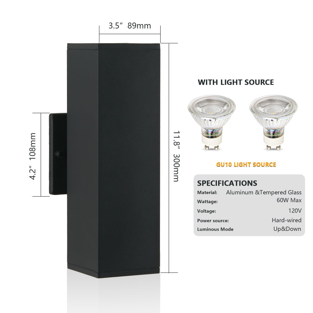 2-Pack Modern Black Outdoor Wall Sconce | Up & Down Weatherproof Light Fixture for Porch, Patio & Garage