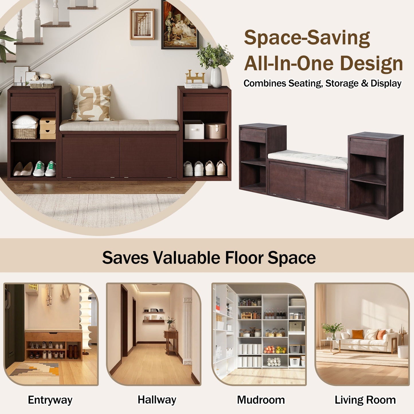 Entryway Storage Bench With Cushion, Drawers & Open Shelves