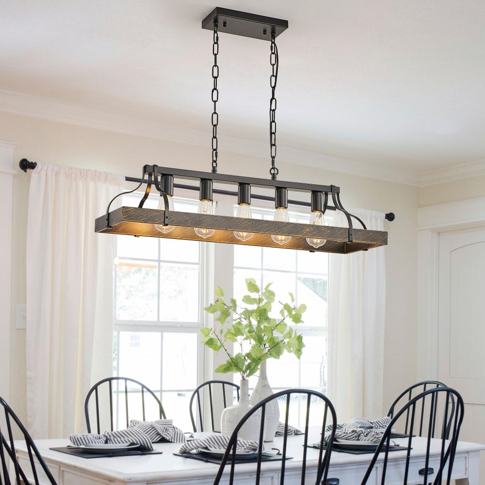 34" Black & Gold Vintage Chandelier | 5-Light Antique Pendant with Adjustable Chain for Dining Room, Kitchen & Living Room