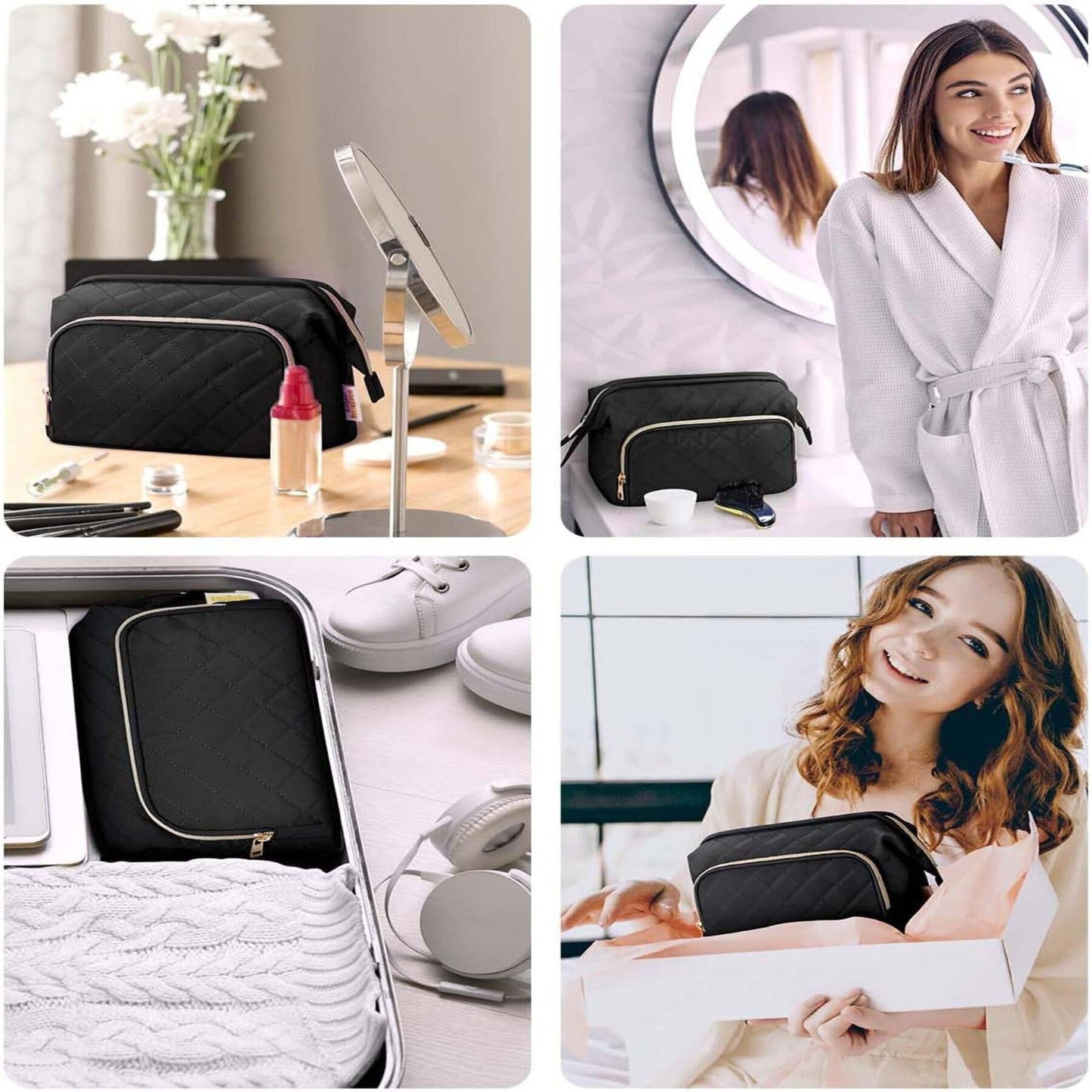 Wide-open Quilted Travel Makeup Organizer Bag with Handle: Black