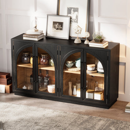 4-Door Large Storage Sideboard Buffet Cabinet with Glass Doors Arched Cabinet (Black)