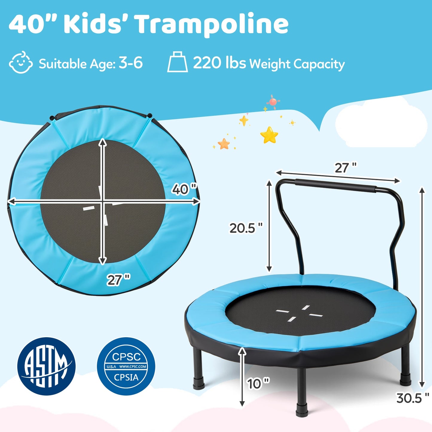 40 Inch Trampoline for Kids Indoor Outdoor Fitness Trampoline