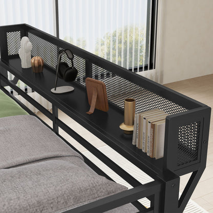 Queen Over Queen Bunk Bed With Ladder And Storage Shelf - Black