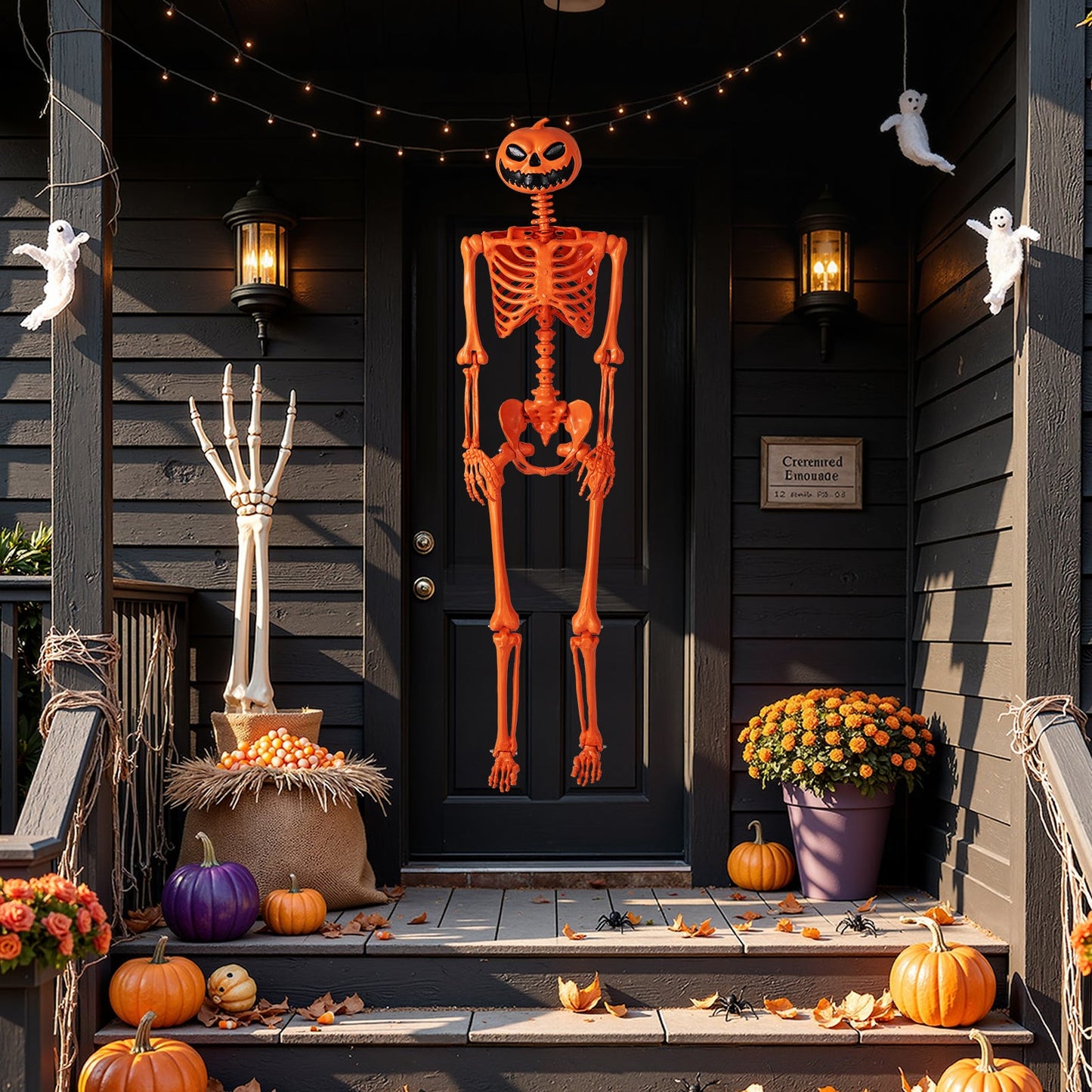 5.2 FT Orange Life-Size Poseable Halloween Skeleton with Pumpkin Head and Movable Joints