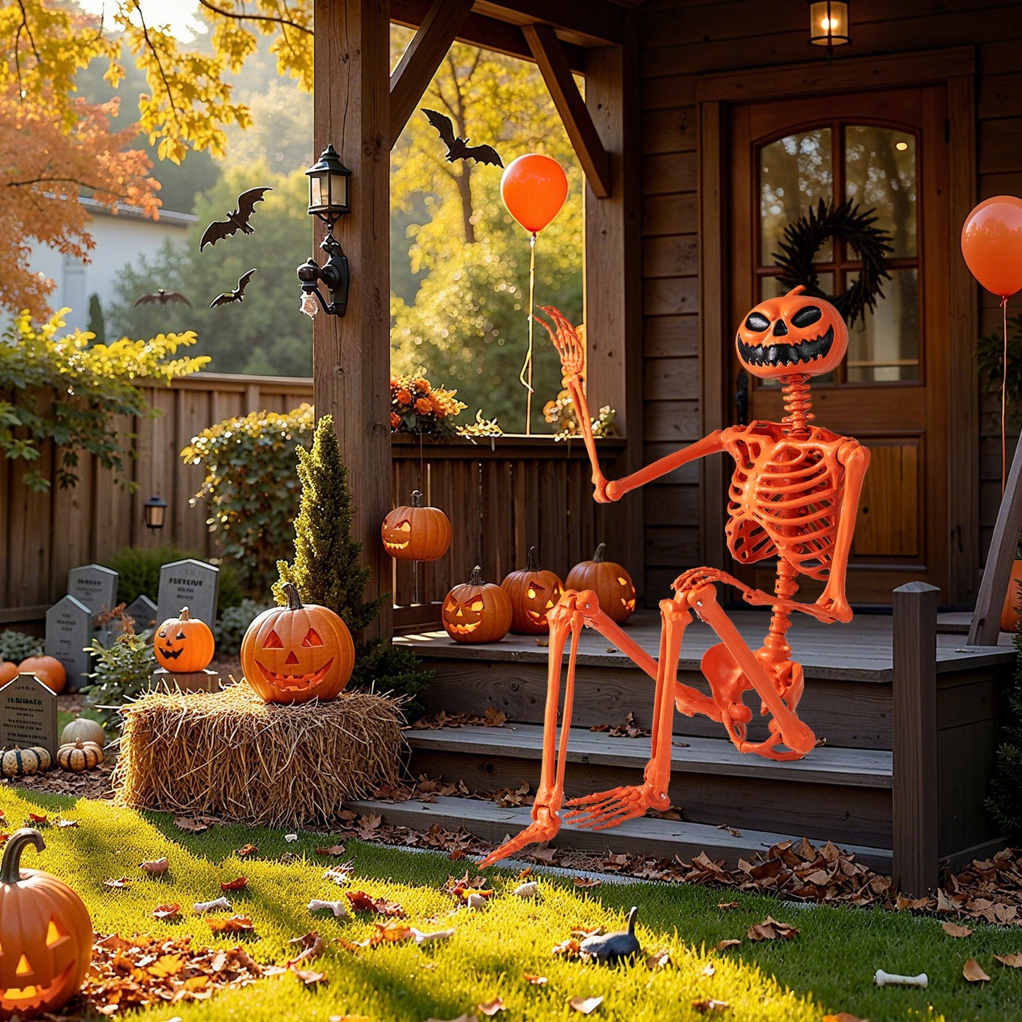 5.2 FT Orange Life-Size Poseable Halloween Skeleton with Pumpkin Head and Movable Joints