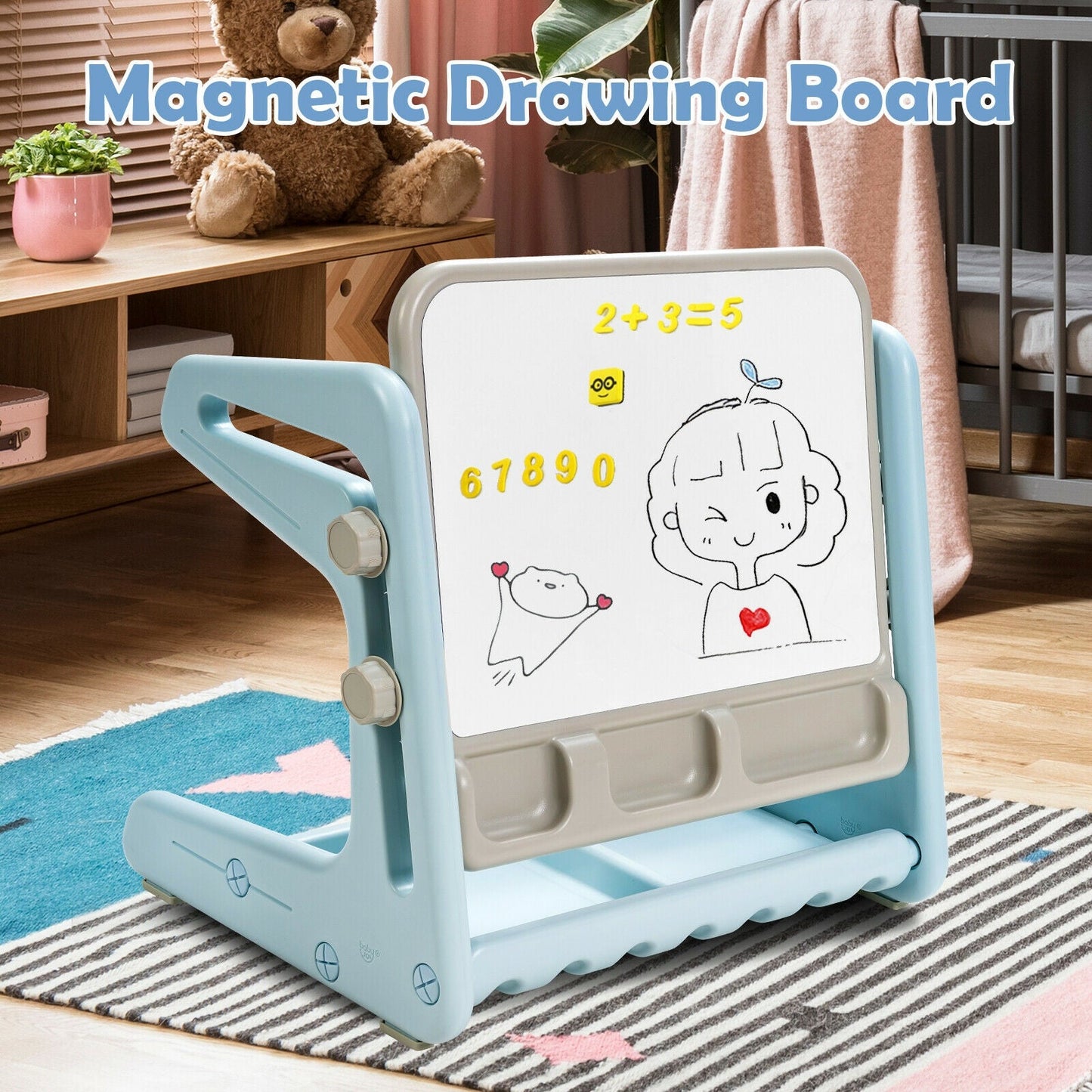 2 in 1 Kids Easel Table and Chair Set with Adjustable Art Painting Board