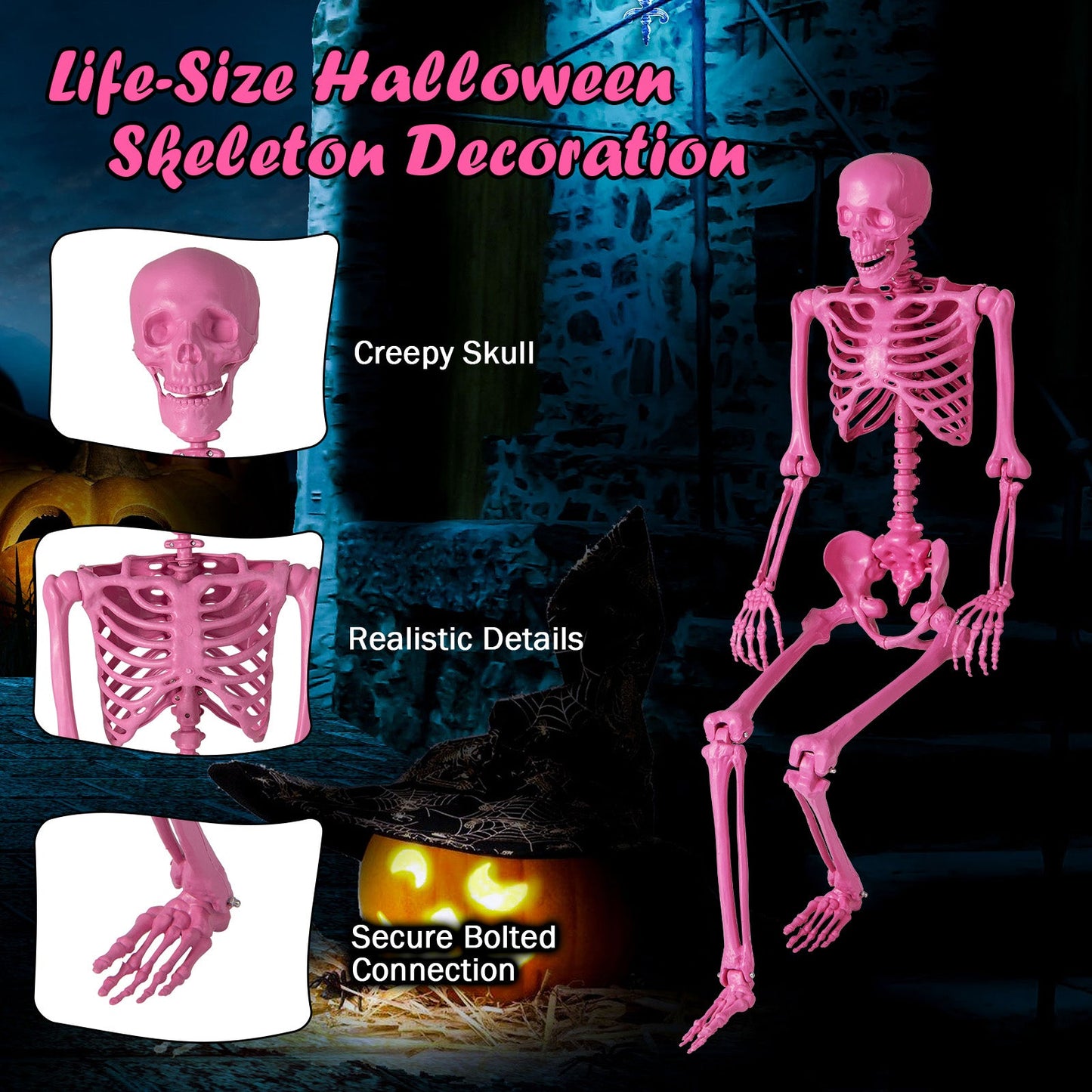 5.5 FT Life-Size Halloween Poseable Skeleton Pink Movable Joints