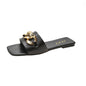 Women Sandals Design Gold Chain Closed Toe Slip On Mules Shoes Flat Heels Square Head Casual Slides Summer Slippers Open Toe Flat Sandals Metal Chain PU Leather Slides Shoes