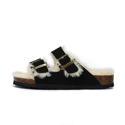New Cotton Wool Shoes Double Buckle Belt Wool Shoes Indoor Outdoor Wear Warm Slippers Comfy Soft Women Slippers Fur Lined Orthopedic Indoor House Shoes With Adjustable Buckle