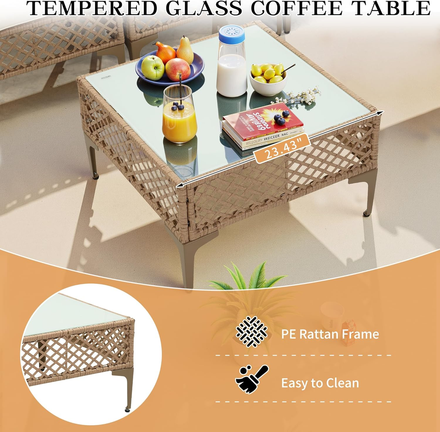 Ainfox 7 Pieces Outdoor Wicker Modular Patio Sectional Set with Thick Cushions & Tempered Glass Table