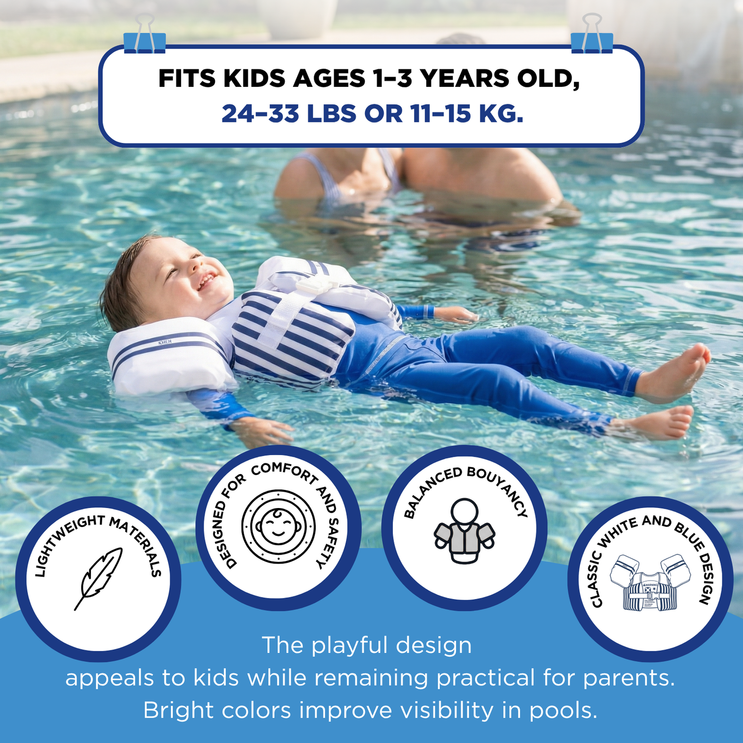 Floating Jackets with Sleeves for Pool or Beach | 1-3 Years | White & Blue