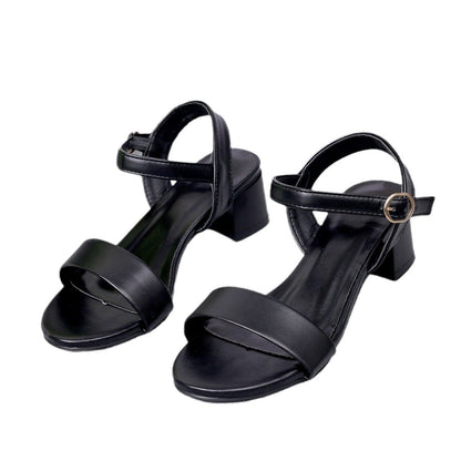 Women Genuine Leather Sandals Low Heel Buckle Strap Ladies Open Toe Black Decoration Summer Leather Open Toe And Ankle Strap Buckle Flat Sandals Casual Beach Shoes