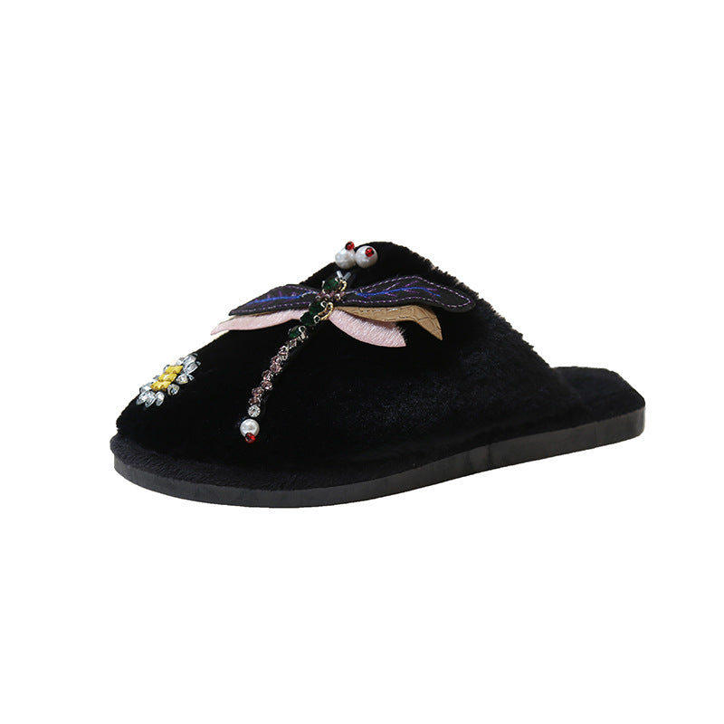 Winter Woman Warm Home Slippers Women Diamond Flip Flops Fur Slides Anti-slip Indoor Slippers Slip On Bedroom Shoes Memory Foam Wool Lining Indoor Ourdoor Non Skid Slippers