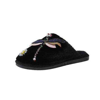 Winter Woman Warm Home Slippers Women Diamond Flip Flops Fur Slides Anti-slip Indoor Slippers Slip On Bedroom Shoes Memory Foam Wool Lining Indoor Ourdoor Non Skid Slippers